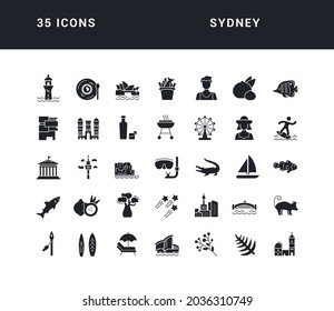 Sydney. Collection of perfectly simple monochrome icons for web design, app, and the most modern projects. Universal pack of classical signs for category Countries and Cities.