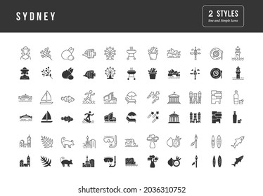 Sydney. Collection of perfectly simple monochrome icons for web design, app, and the most modern projects. Universal pack of classical signs for category Countries and Cities.