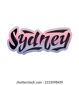 Sydney digital Handwritten logo. Doodle lettering label. Black letters on the gradient pink trendy  background.Capital.  banners, posters, pictures, calendars,packaging products, travel brochures. 