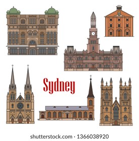 Sydney berühmte Architektur Gebäude Vektorsymbole. Australien Fassaden der Kirche St. James, Hyde Park Kasernen und Queen Victoria Gebäude, Saint Mary und Andrews Kathedrale und Rathaus