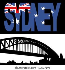 Sydney Harbour Bridge With Sydney Flag Text Illustration