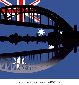 Sydney Harbour Bridge reflected with Australian flag