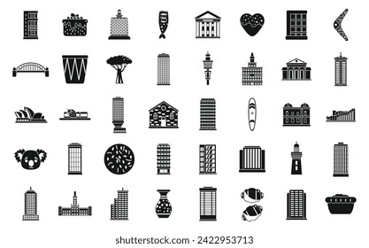 Sydney icons set simple vector. Australia city. Building architecture house