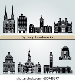 Sydney landmarks and monuments isolated on blue background in editable vector file