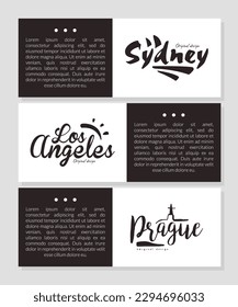 Sydney, Los Angeles, Prague cities web page design templates set. Brochure, presentation, flyer, informational leaflet vector