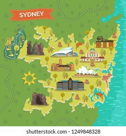 Sydney map with Australian Reptile Park and Opera House, Observatory and Jenolan Caves, Blue Mountains and Bondi Beach, Taronga Zoo and national maritime museum, garden mount annan. Landmark, tourism