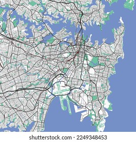 Mapa de Sydney. Mapa detallado del área administrativa de la ciudad de Sydney. Panorama del paisaje urbano. Ilustración vectorial libre de regalías. Hoja de ruta con autopistas, ríos.