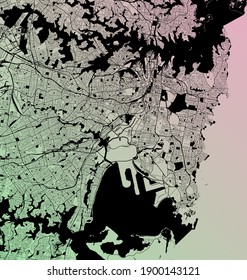 Sydney, New South Wales, Australien (AUS) - Urban Vektor Megacity Map mit Parks, Schiene und Straße, Autobahnen, minimalistisches Stadtplanplakat, Stadtzentrum, Innenstadt, Transitnetz, Farbverlauf