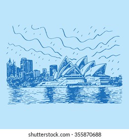 The Sydney Opera House In Sydney, Australia. Drawn Pencil Sketch. Vector File