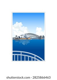 Sydney Opera House and Harbour Bridge reflected in blue water under a cloudy sky.