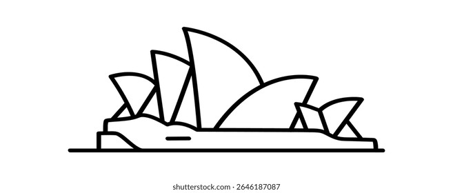 O marco da Ópera de Sydney é apresentado como um simples ícone de doodle usando linhas pretas desenhadas à mão em um fundo branco. Formato de vetor