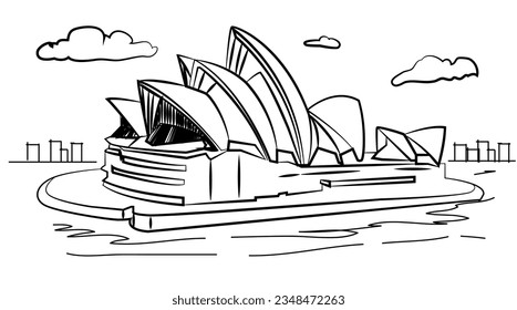 Sydney Opera House line art illustration on white background.