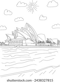 Sydney, Auﬆralia - Sydney Opera House line art drawing for kids and adults coloring book