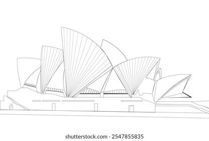 Sydney Opera House line art illustration on white background.