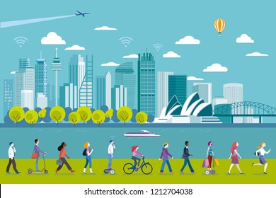 Sydney panoramic skyline with major architecture landmarks. In the front people walking. Flat vector illustration.