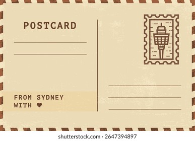 Do modelo de cartão postal de Sydney. Ilustração de cartão postal estilo vintage grungy vetor com selo, torre, marco, mensagem. Layout de imagem simples de saudações simples