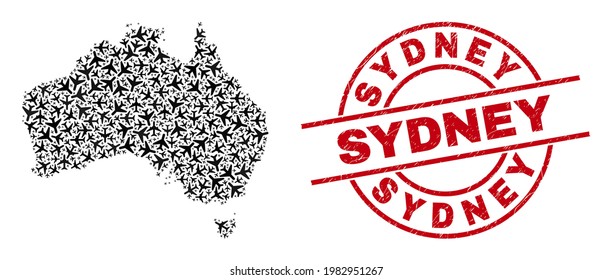 Sydney rubber seal, and Australia map collage of jet vehicle elements. Collage Australia map created from jet vehicles. Red badge with Sydney text, and scratched rubber texture.