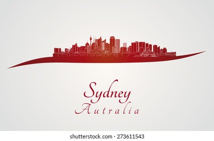 Sydney skyline in red and gray background in editable vector file