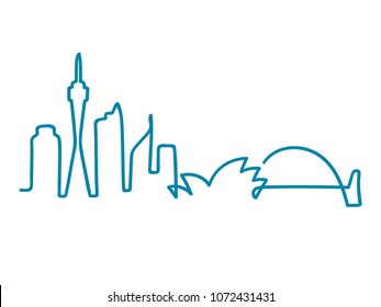 Sydney skyline silhouette drawn as one continuous line. Simple and minimal vector drawing.