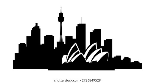 Sydney Skyline Silhouette: con la ópera y la torre de Sídney en estilo Vector negro. Una atrevida silueta negra del horizonte de la ciudad de Sídney con sus Lugares famosos más emblemáticos: la Ópera de Sídney con forma de vela y la alta Torre de Sídney con su plataforma de observación. El gráfico captura la esencia arquitectónica de la ciudad más famosa de Australia, lo que la hace ideal para promociones de viajes, contenido editorial, materiales educativos, marcas culturales o proyectos de diseño basados en Vectores. El estilo minimalista garantiza versatilidad en las plataformas impresas y digitales.