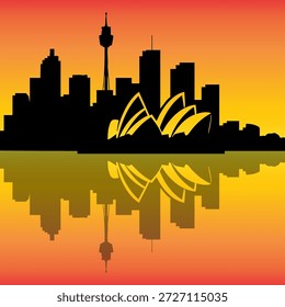 Sydney Skyline Silhouette – Sunset Gradient Background with Opera House and Tower Reflected in Water. A stylized silhouette of Sydney’s iconic skyline set against a vibrant sunset gradient background transitioning from red to yellow. The composition features the Sydney Tower and the sail-like Sydney Opera House, with the entire skyline reflected symmetrically in the water below. This graphic captures the architectural and cultural essence of Sydney in a visually striking format, ideal for use in travel promotions, editorial layouts, branding visuals, educational materials, or social media campaigns. The warm tones and mirrored design evoke emotion, elegance, and connection.