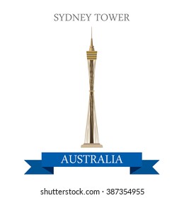 Sydney tower in Australia. Flat cartoon style historic sight showplace attraction web site vector illustration. World countries cities vacation travel sightseeing Australian collection.