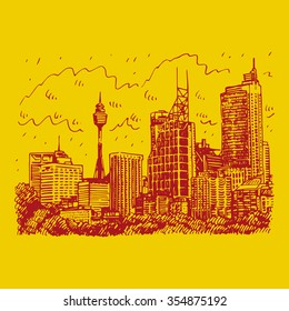 Sydney Tower and skyscrapers view of Sydney, Australia. Vector freehand pencil sketch.