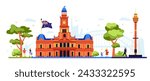 Sydney Town Hall - modern colored vector illustration with 19 century heritage building that looks like a palace with clock and contemporary Tower Eye building. Attractions and places to visit