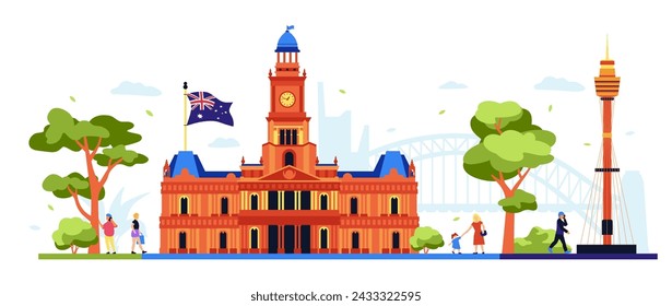 Sydney Town Hall - modern colored vector illustration with 19 century heritage building that looks like a palace with clock and contemporary Tower Eye building. Attractions and places to visit