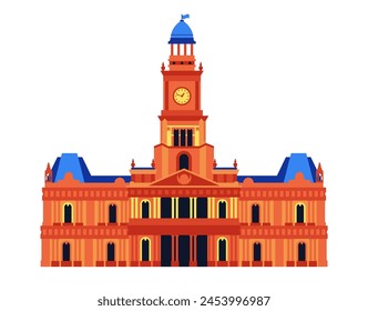 Sydney Town Hall - modern flat design style single isolated image. Neat detailed illustration of 19 century heritage building that looks like a palace with clock tower. Attractions and places to visit