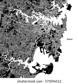 Sydney Vector Map, Artprint. Black Landmass, White Water and Roads.