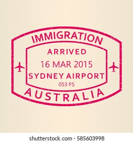 Sydney Visa Or Arrival Stamp From Passport. Australia Airport Travel Stamp. Vector Illustration.