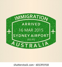 Sydney visa or arrival stamp from passport. Australia airport travel stamp. Vector illustration.