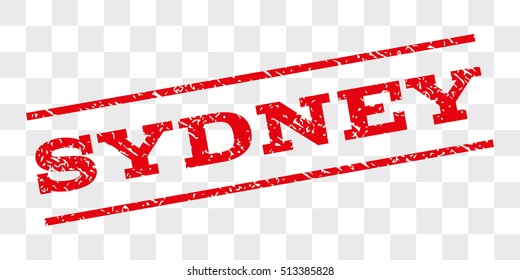 Sydney watermark stamp. Text caption between parallel lines with grunge design style. Rubber seal stamp with unclean texture. Vector red color ink imprint on a chess transparent background.