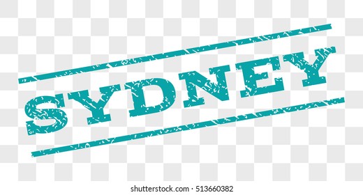 Sydney watermark stamp. Text caption between parallel lines with grunge design style. Rubber seal stamp with dirty texture. Vector cyan color ink imprint on a chess transparent background.