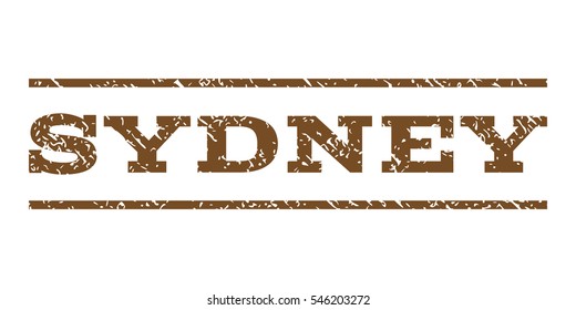 Sydney watermark stamp. Text caption between horizontal parallel lines with grunge design style. Rubber seal stamp with scratched texture. Vector brown color ink imprint on a white background.