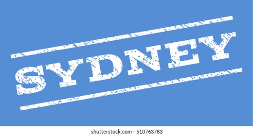 Sydney watermark stamp. Text tag between parallel lines with grunge design style. Rubber seal stamp with unclean texture. Vector white color ink imprint on a blue background.