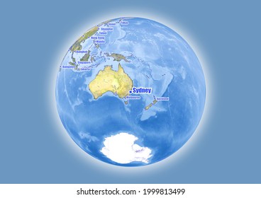 Sydney-Australia is shown on vector globe map. The map shows Sydney-Australia 's location in the world.