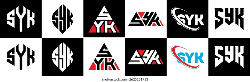 SYK letter logo design in six style. SYK polygon, circle, triangle, hexagon, flat and simple style with black and white color variation letter logo set in one artboard. SYK minimalist and classic logo