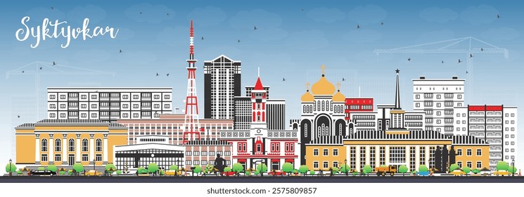 Syktyvkar Russia city skyline with color buildings and blue sky. Vector illustration. Syktyvkar cityscape with landmarks. Travel and tourism concept with modern and historic architecture.