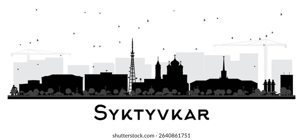 Syktyvkar Russia city skyline silhouette with black buildings isolated on white. Vector illustration. Syktyvkar cityscape with landmarks. Travel, tourism concept with modern and historic architecture.