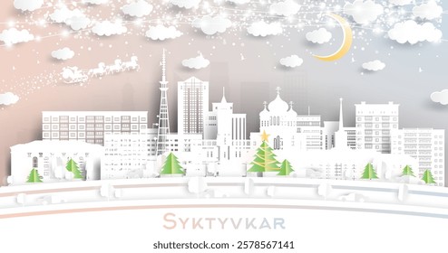 Syktyvkar Russia. Winter city skyline in paper cut style with snowflakes, moon and neon garland. Christmas and new year concept. Santa Claus on sleigh. Syktyvkar cityscape with landmarks.