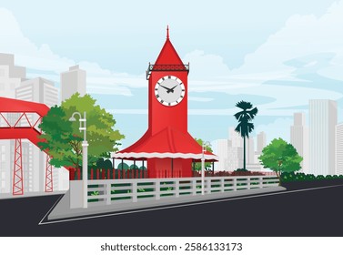 Sylhet, Bangladesh, Vector Illustration of The historical Ali Amjad's Watch Tower at the entrance to the city of Sylhet.