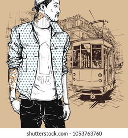 Sylish girl and old tram. Vector illustration.