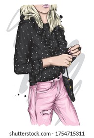 Sylish girls. Beautiful high in pants and a shirt. Stylish clothes and accessories. Fashionable woman. Vector illustration. Fashion & Style. Fashion look. 