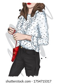 Sylish girls. Beautiful high in pants and a shirt. Stylish clothes and accessories. Fashionable woman. Vector illustration. Fashion & Style. Fashion look. 