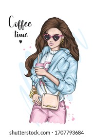 Sylish girls. Beautiful stylish girl with long hair in fashionable clothes. Jacket, t-shirt and jeans. Fashion and style, clothes and accessories. Vector illustration. Woman with a coffee.