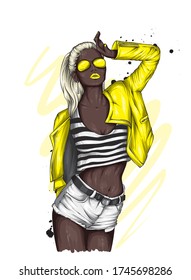 Sylish girls. A tall slender girl in short shorts, a jacket. Beautiful model in stylish clothes. Vector illustration for a postcard or a poster, print for clothes. Black woman. African.