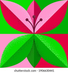 Sylized flower on square check background with stippled shading. Shades of green and fuschia pink. EPS10 vector format. 