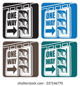 Sylized vector illustration on the theme of traffic in the city. Traffic light and sign in the minimalist style